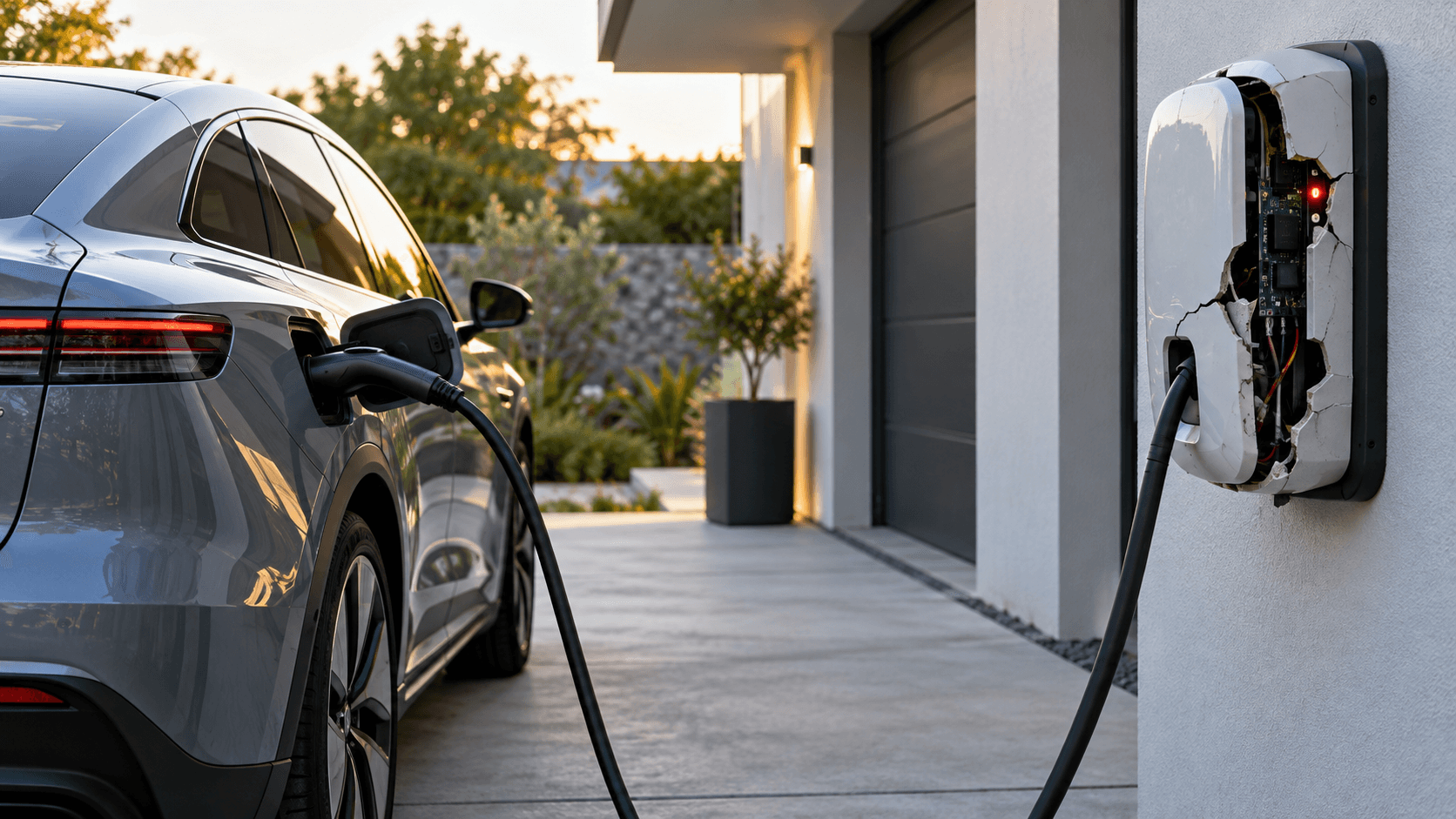 Damaged EV Charger at Sunset.png