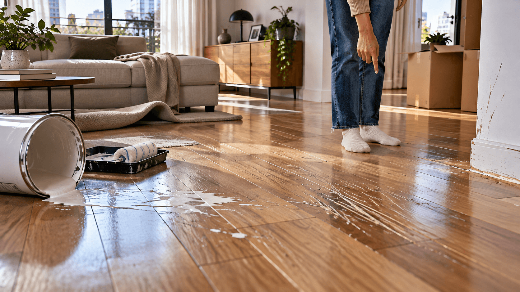 Inspecting Spilled Paint and Floor Damage.png