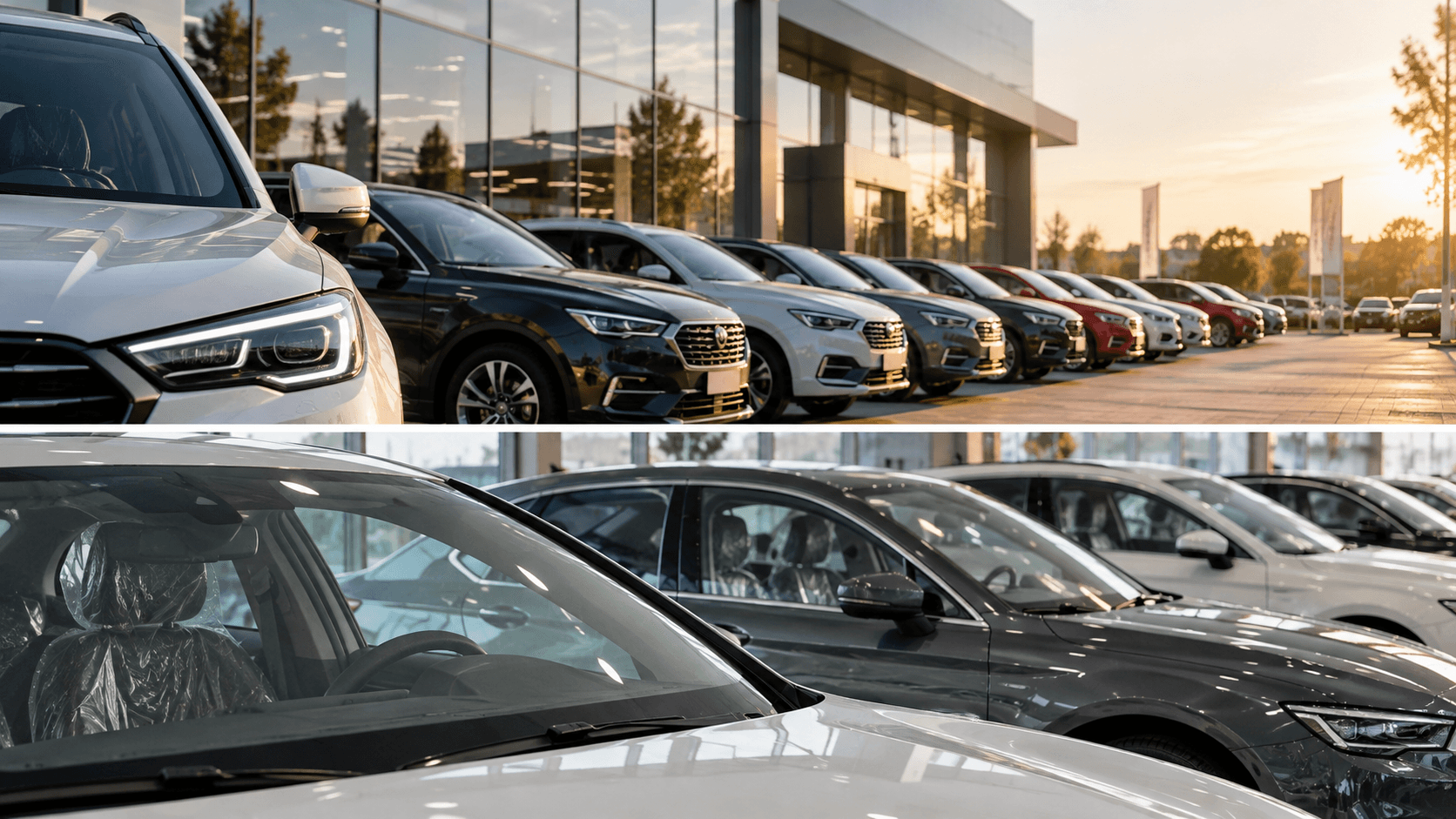 Modern Dealership Cars in Golden Light.png